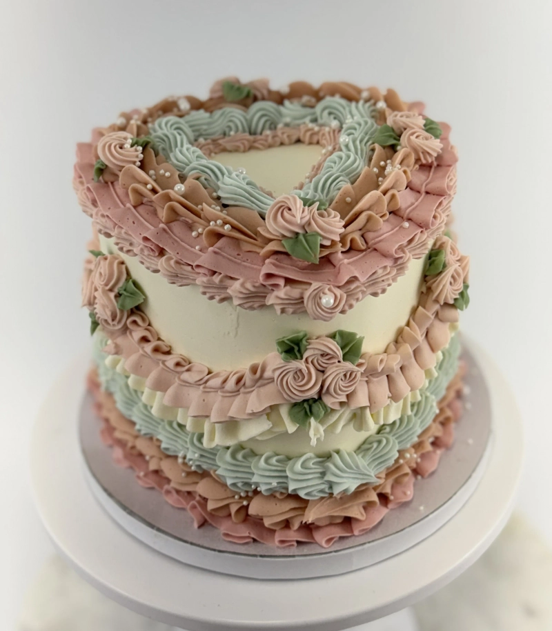 Pastel Colors Heart Vintage Cake w/ Flowers & Pearls
